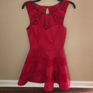 Red lace and satin dress.
